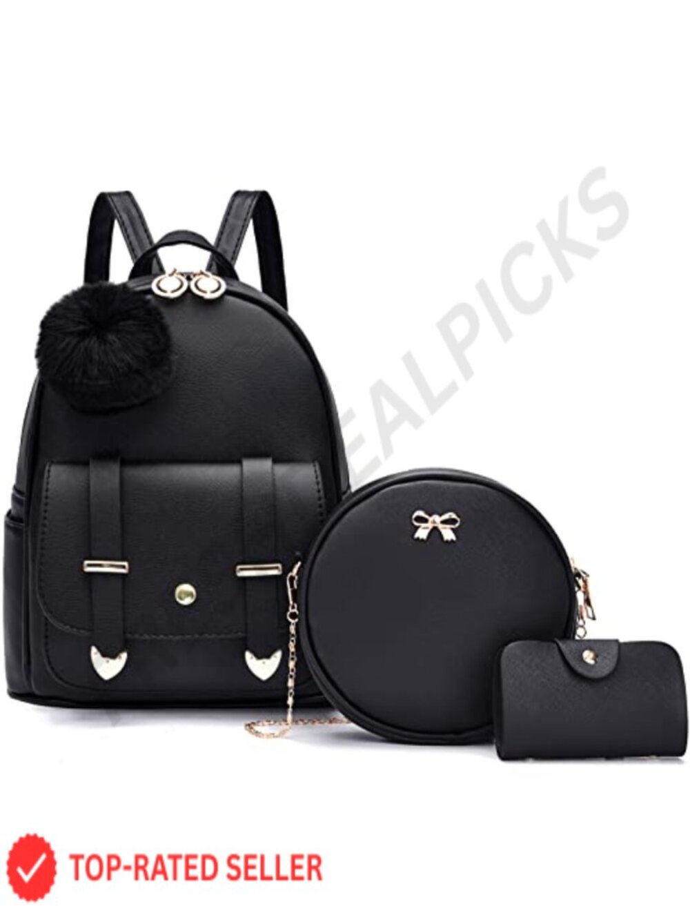 Faux Leather Mini Backpack Purse 3-Piece Set with Pom Pom, Adjustable Straps,